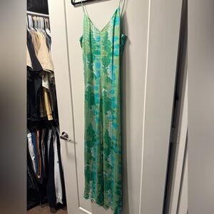 ganni watercolor stretch satin maxi dress in lily green